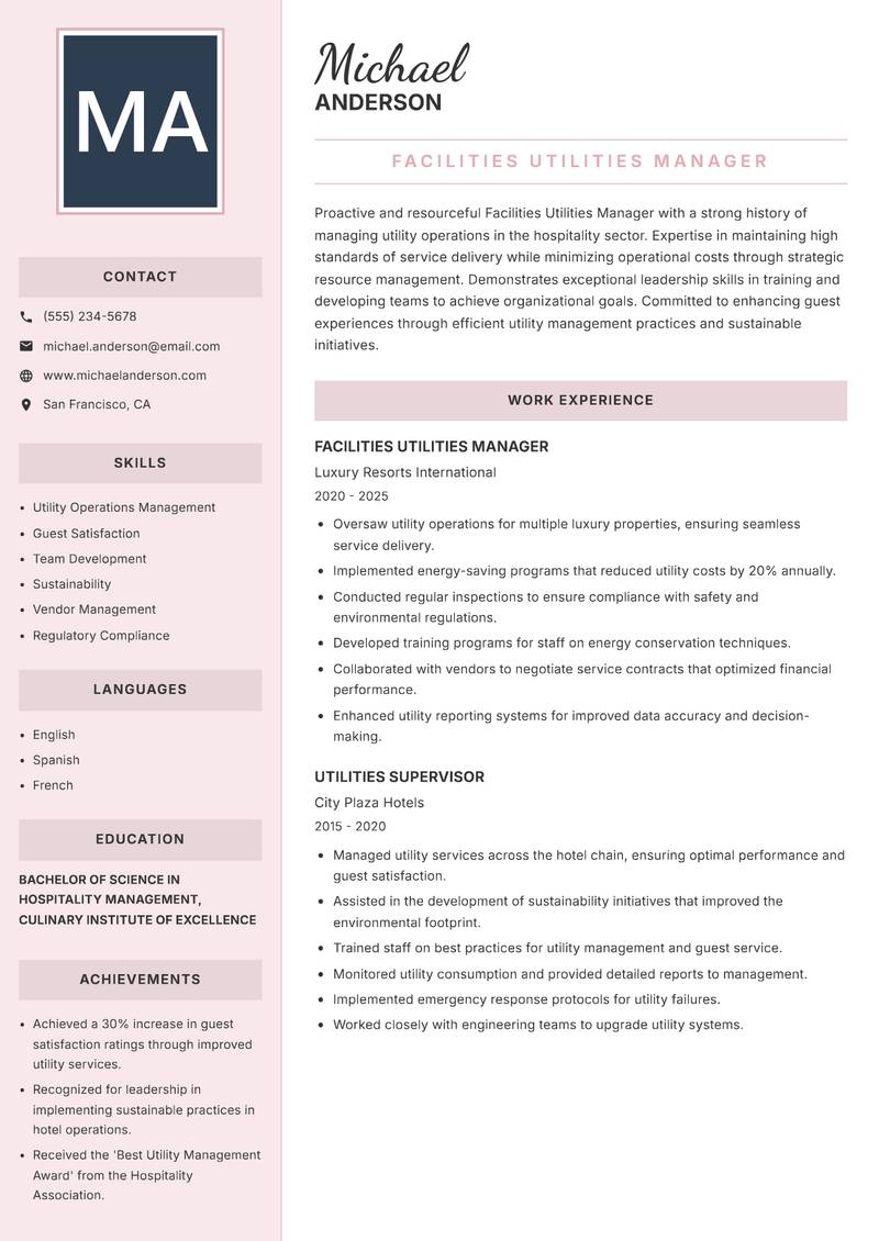 Facilities Utilities Manager Resume Preview Example