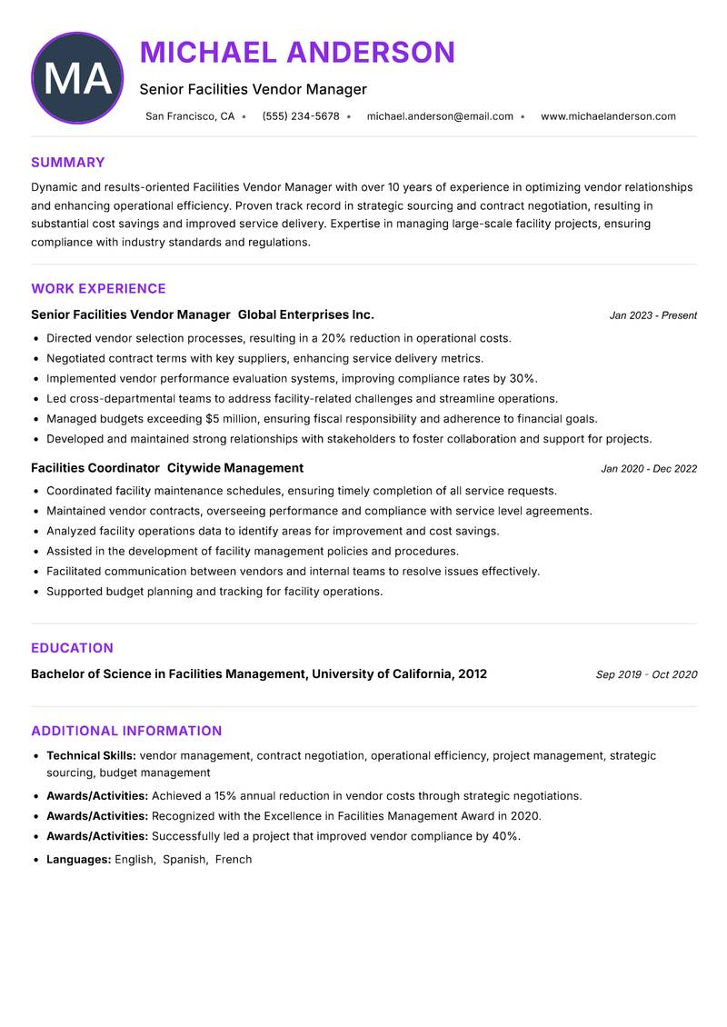 Facilities Vendor Manager Resume Preview Example