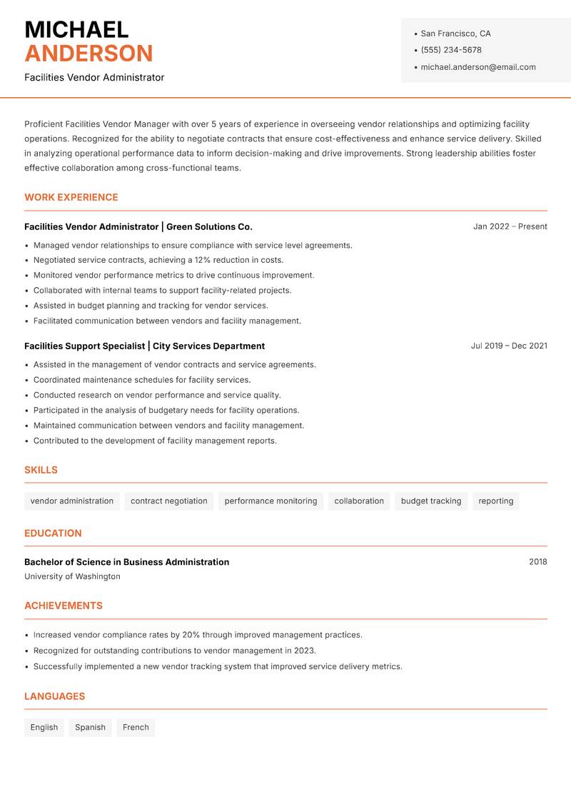 Facilities Vendor Manager Resume Template