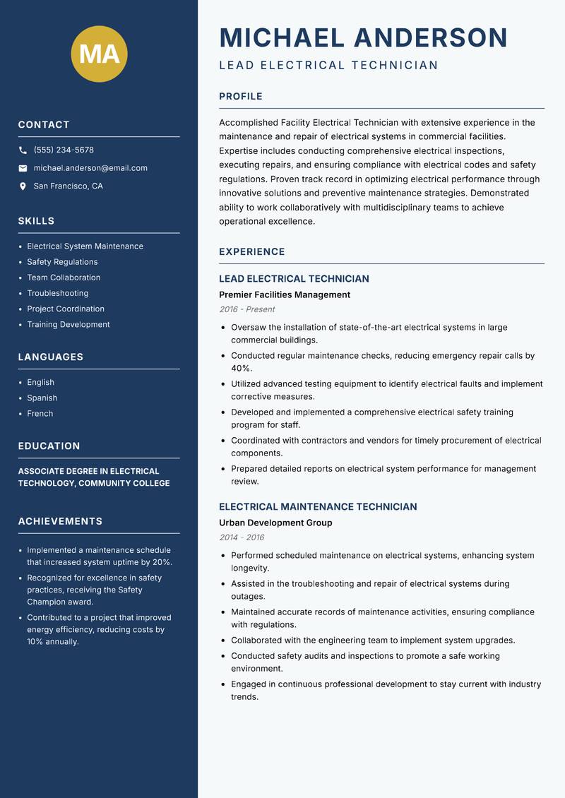 Facility Electrical Technician Resume Preview Example