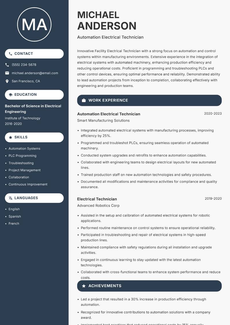 Facility Electrical Technician Resume Preview Example