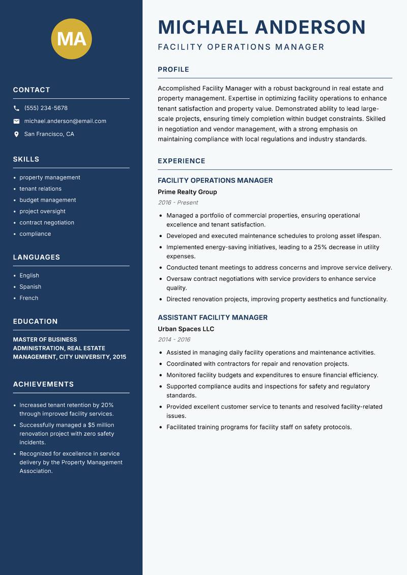 Facility Manager Resume Preview Example