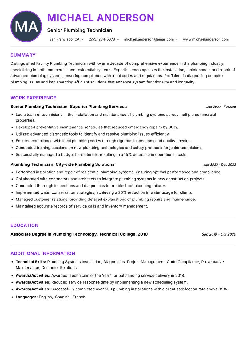 Facility Plumbing Technician Resume Preview Example