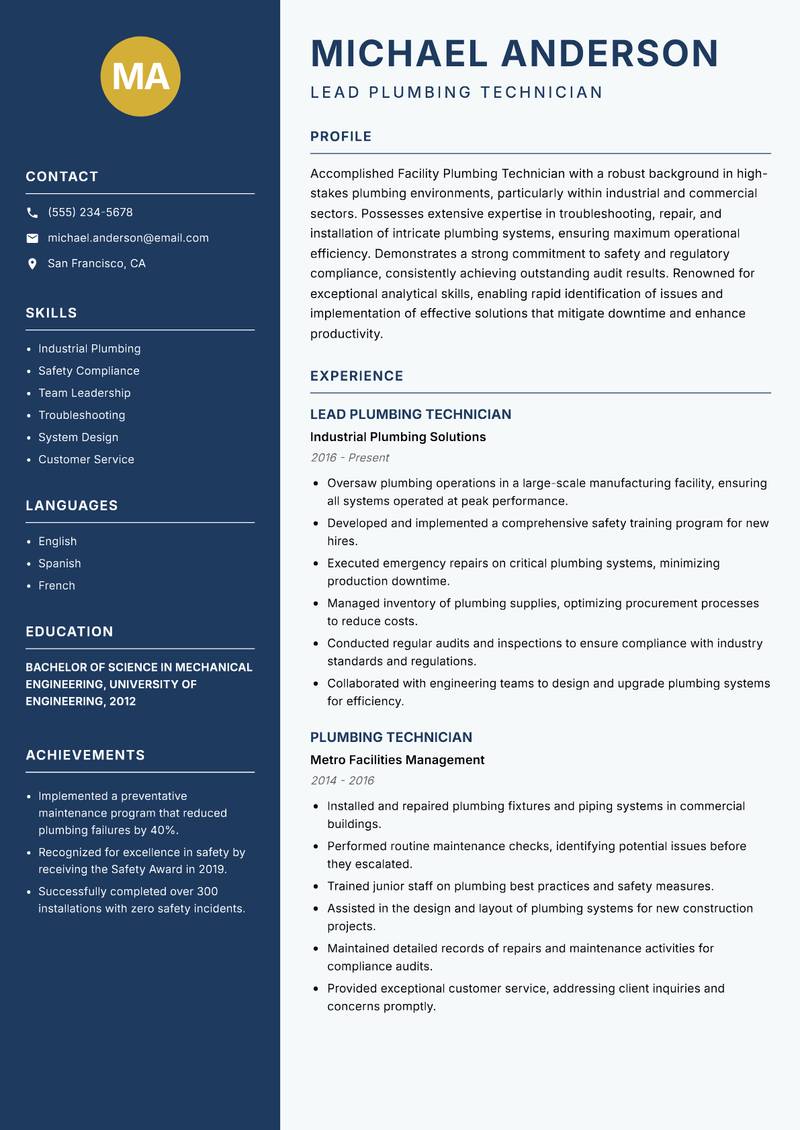 Facility Plumbing Technician Resume Preview Example