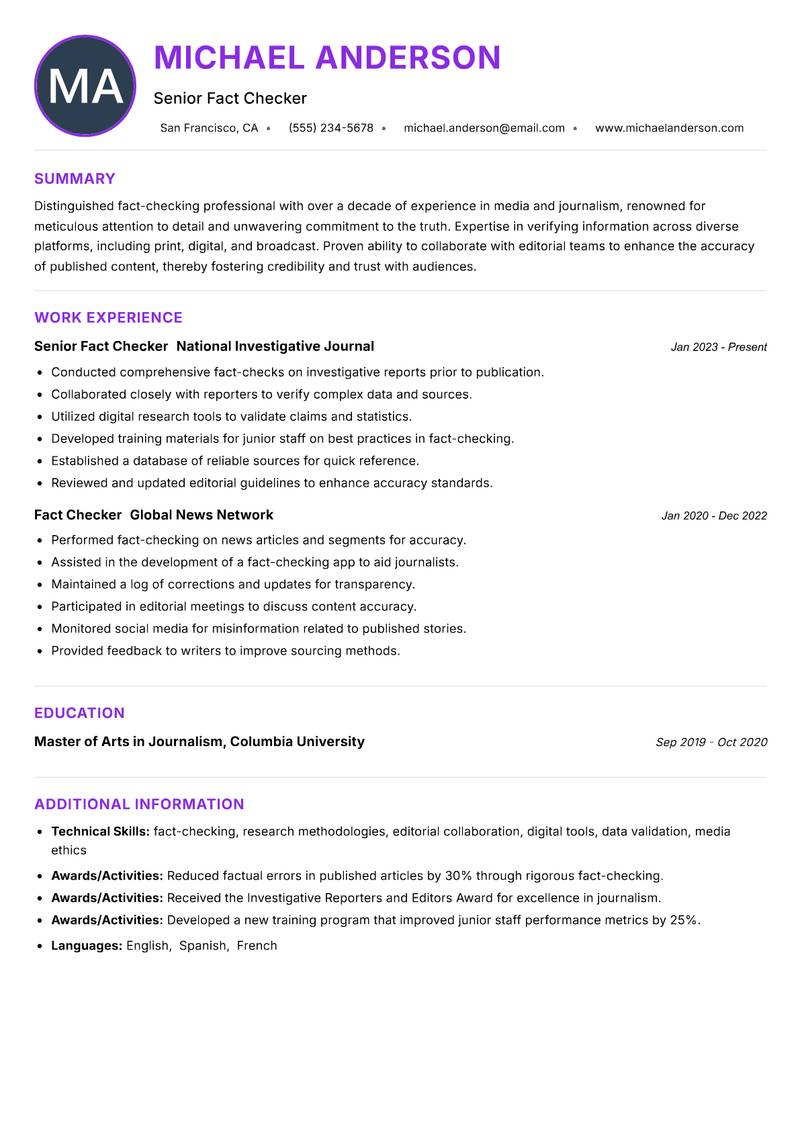 Fact Checker Resume Preview Example