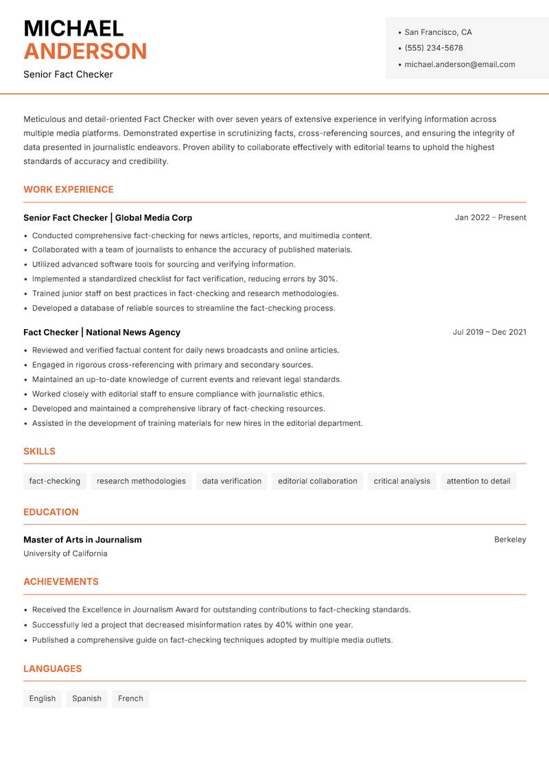 Fact Checker Resume Template