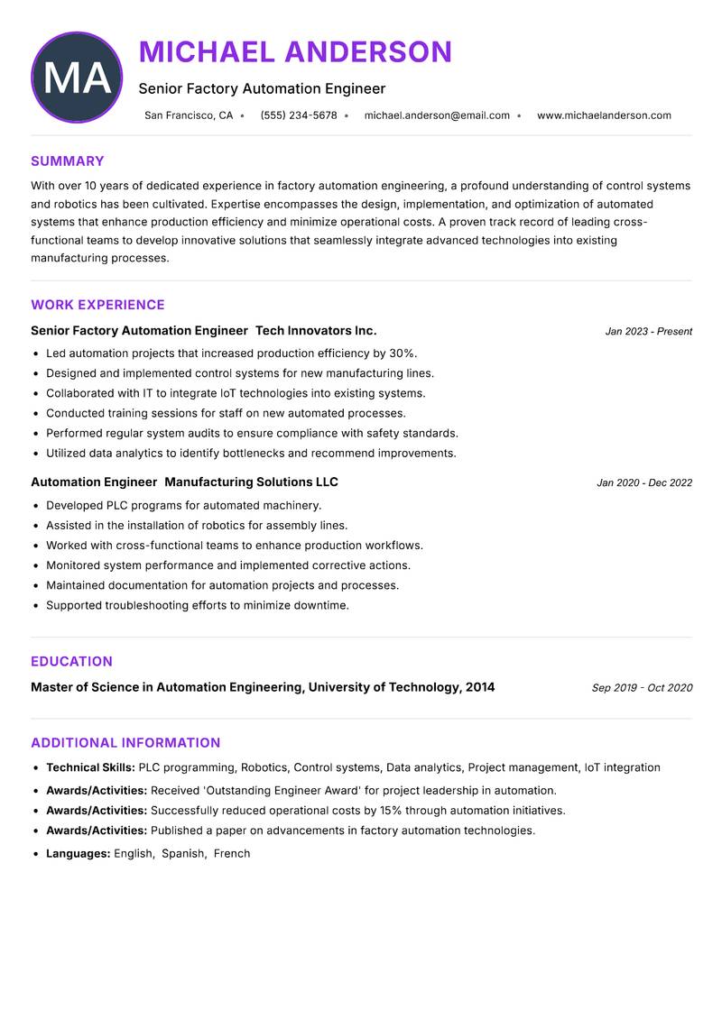 Factory Automation Engineer Resume Preview Example