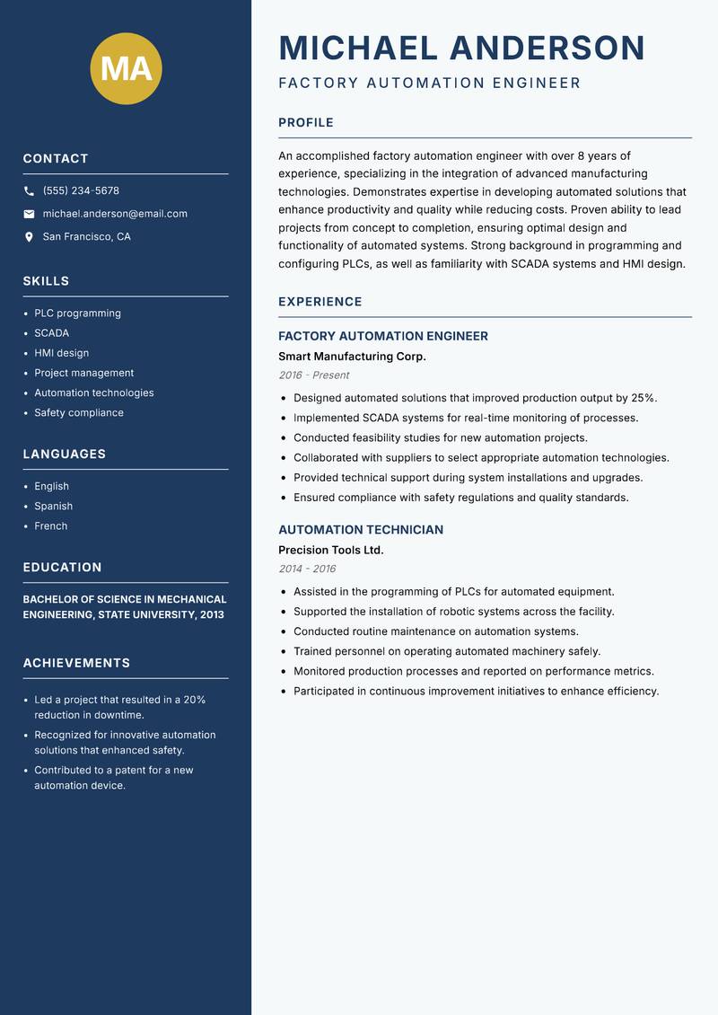 Factory Automation Engineer Resume Preview Example