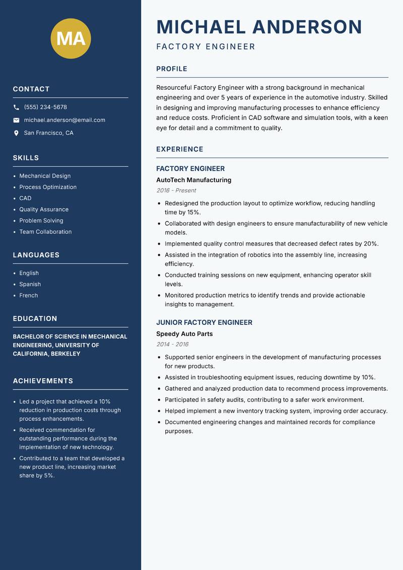 Factory Engineer Resume Preview Example