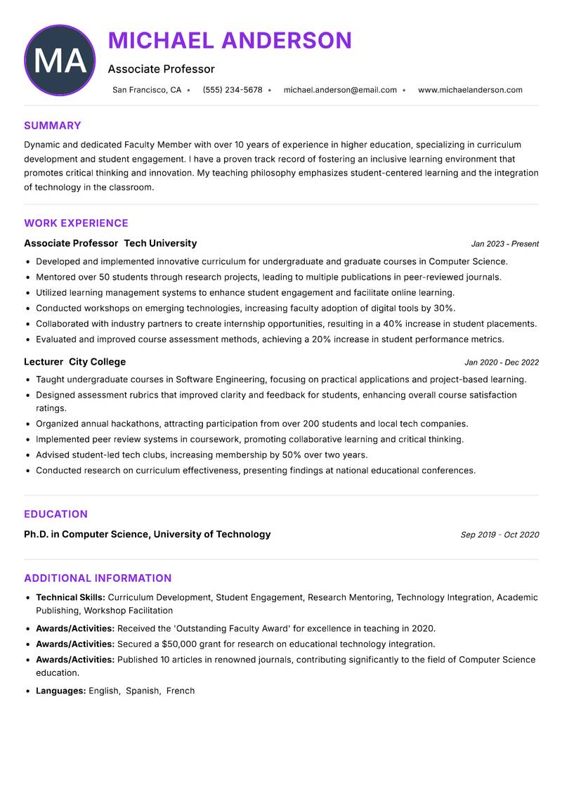 Faculty Member Resume Preview Example