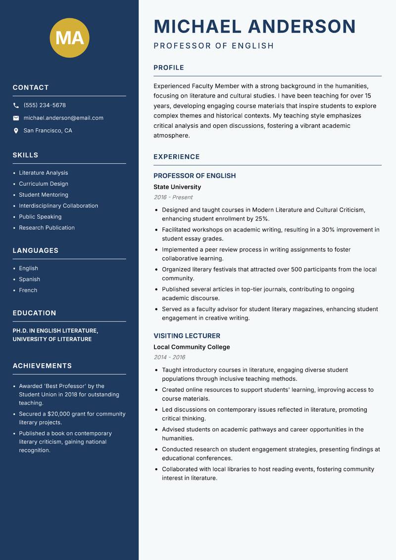 Faculty Member Resume Preview Example