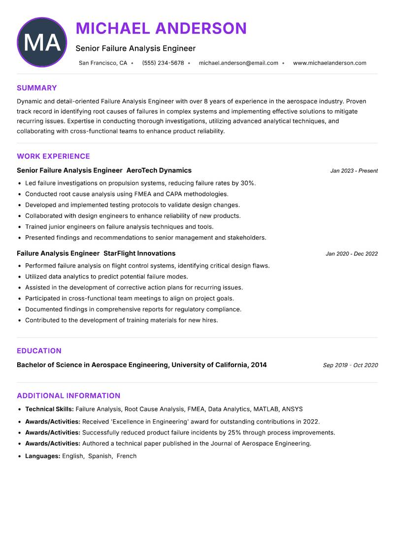 Failure Analysis Engineer Resume Preview Example