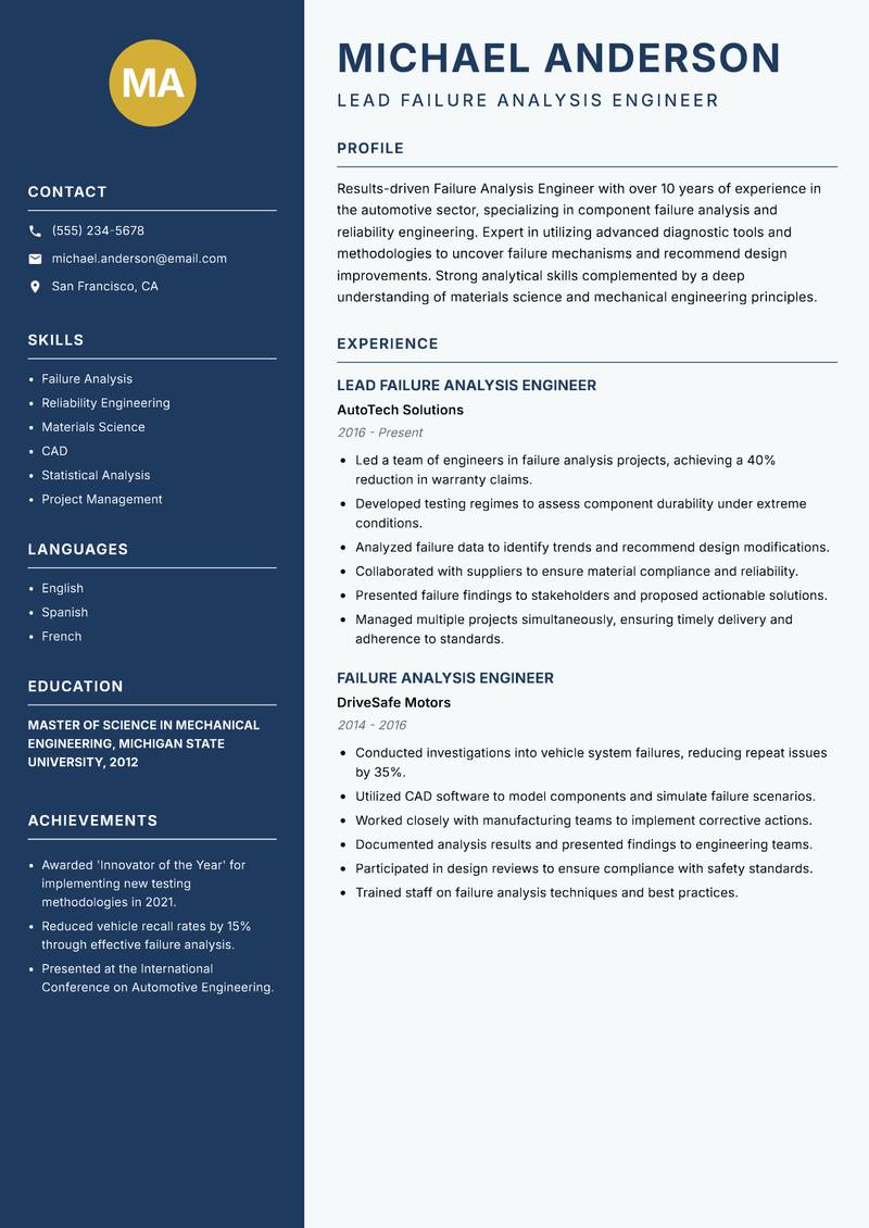 Failure Analysis Engineer Resume Preview Example