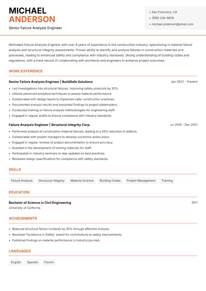 Failure Analysis Engineer Resume Template