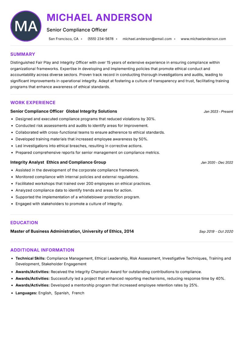 Fair Play and Integrity Officer Resume Preview Example