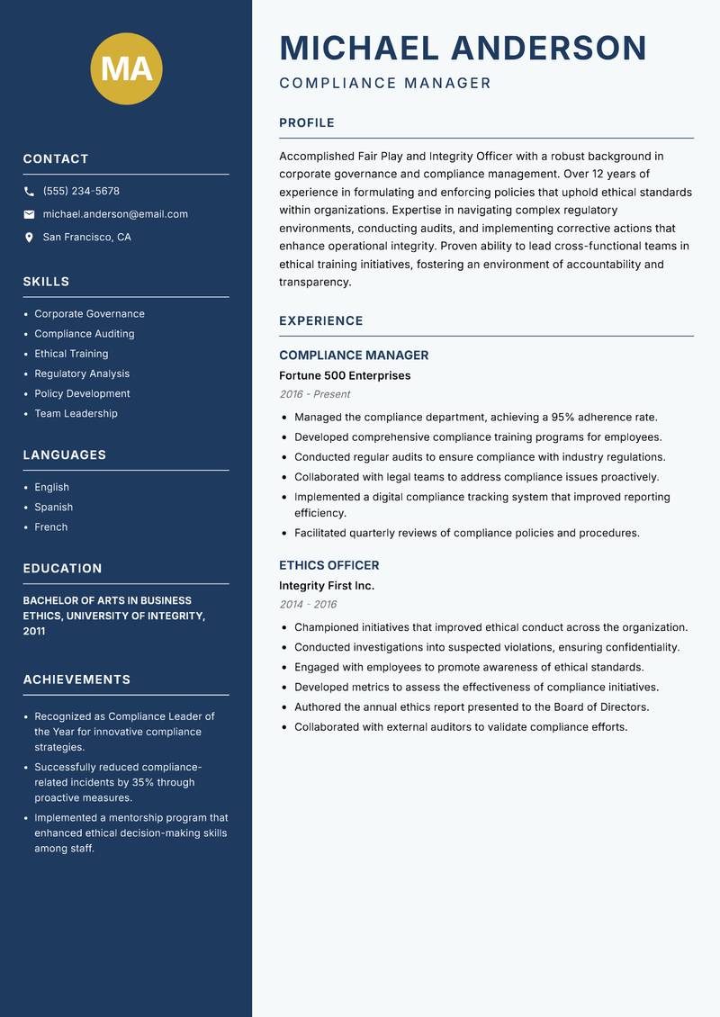 Fair Play and Integrity Officer Resume Preview Example