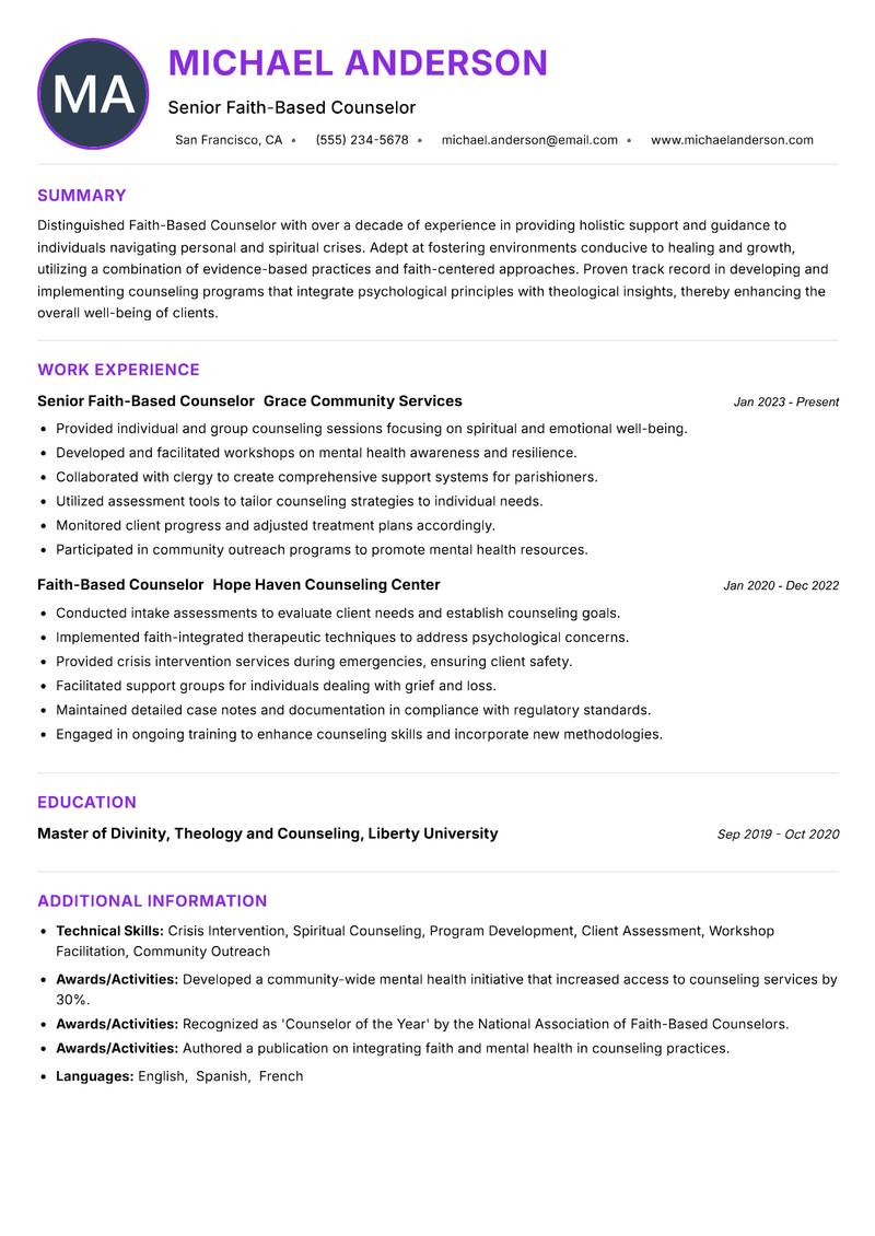 Faith-Based Counselor Resume Preview Example