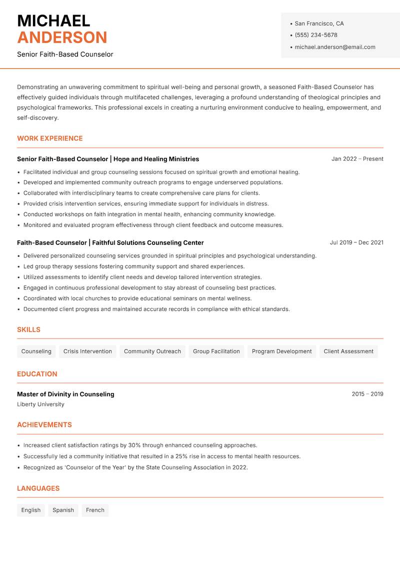 Faith-Based Counselor Resume Template
