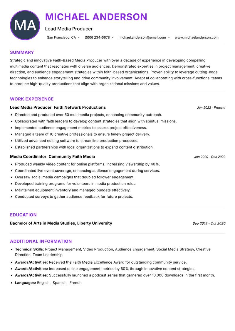 Faith-Based Media Producer Resume Preview Example