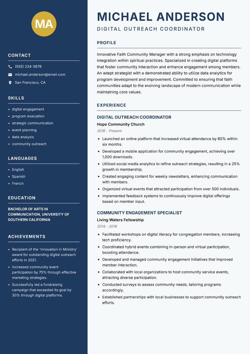 Faith Community Manager Resume Preview Example