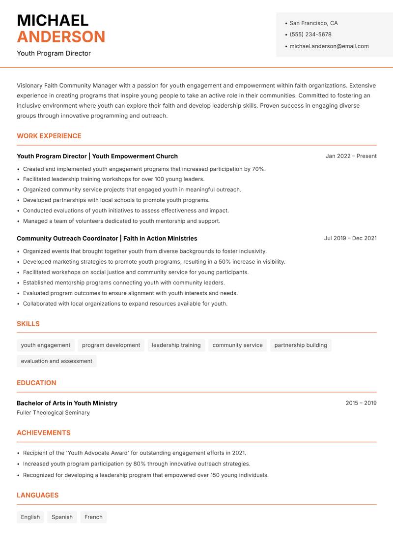 Faith Community Manager Resume Template