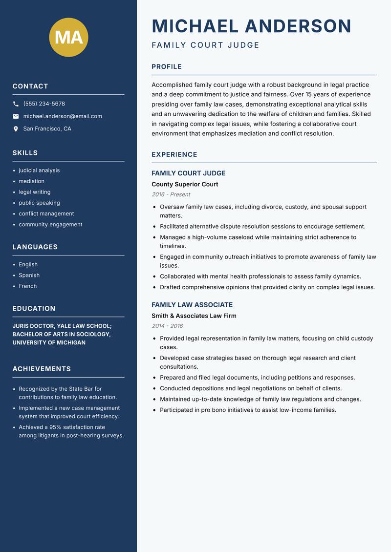 Family Court Judge Resume Preview Example