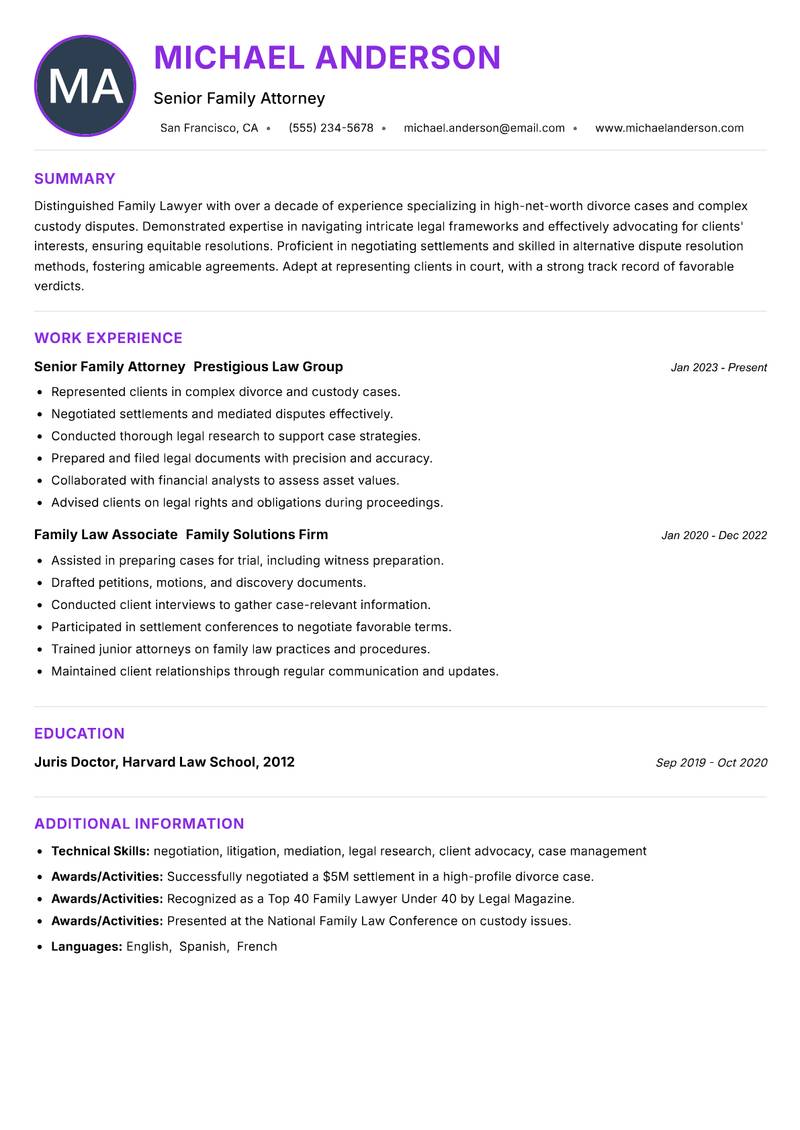 Family Lawyer Resume Preview Example