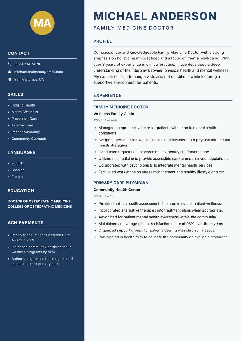 Family Medicine Doctor Resume Preview Example