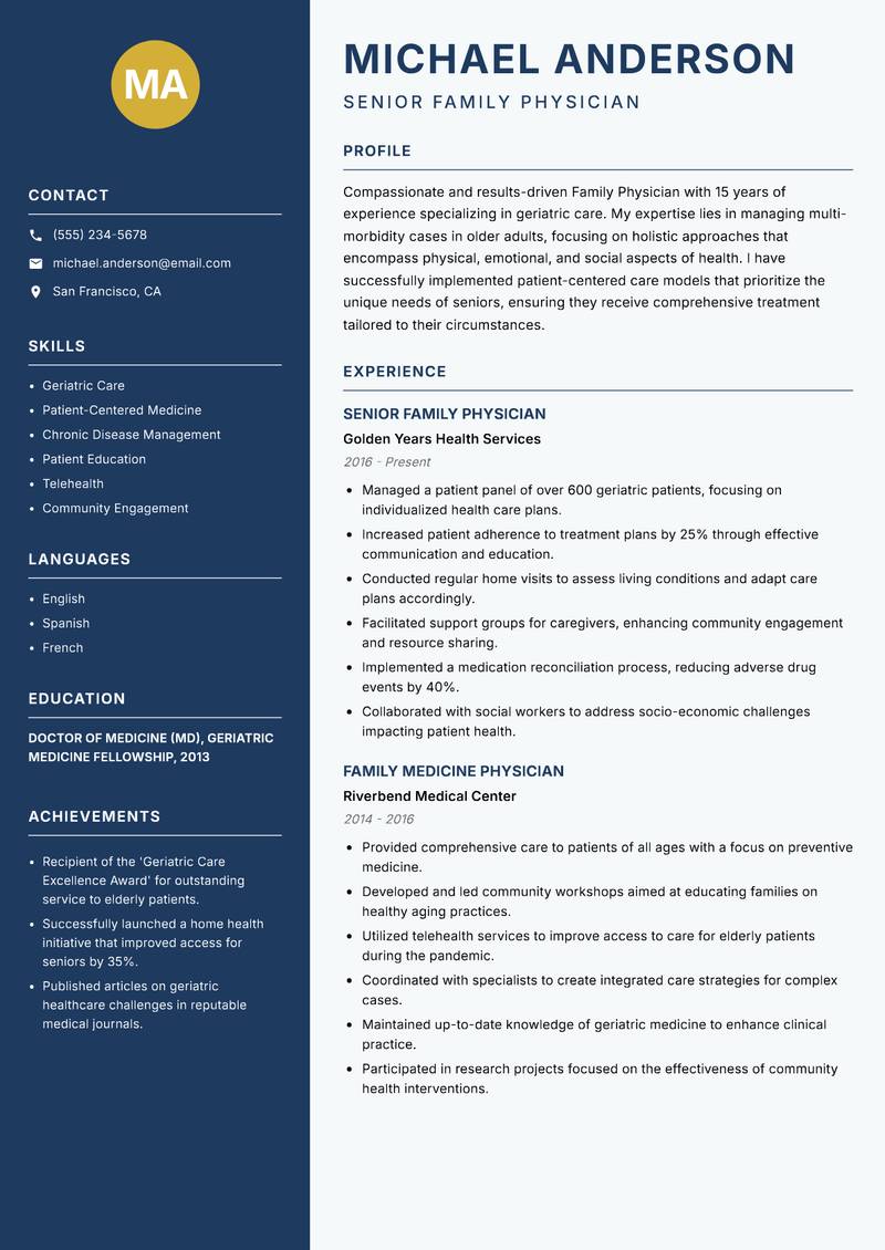 Family Physician Resume Preview Example