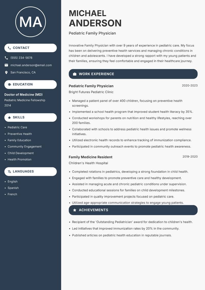 Family Physician Resume Preview Example