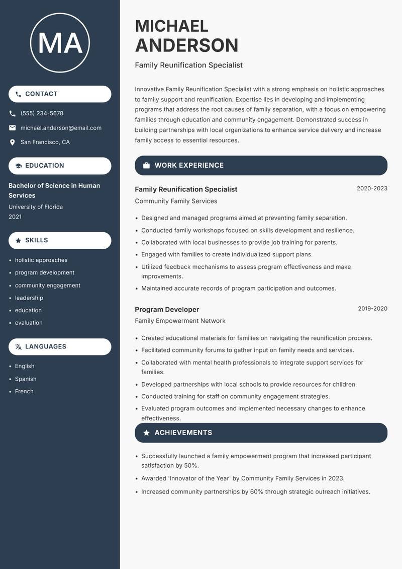 Family Reunification Specialist Resume Preview Example