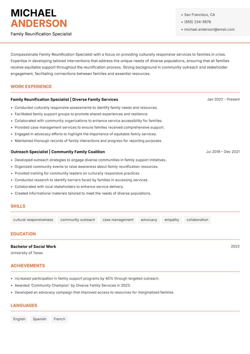Family Reunification Specialist Resume Template