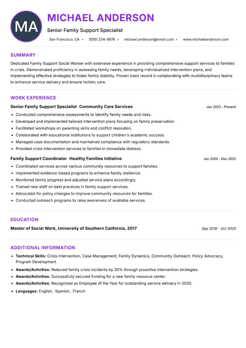 Family Support Social Worker Resume Preview Example