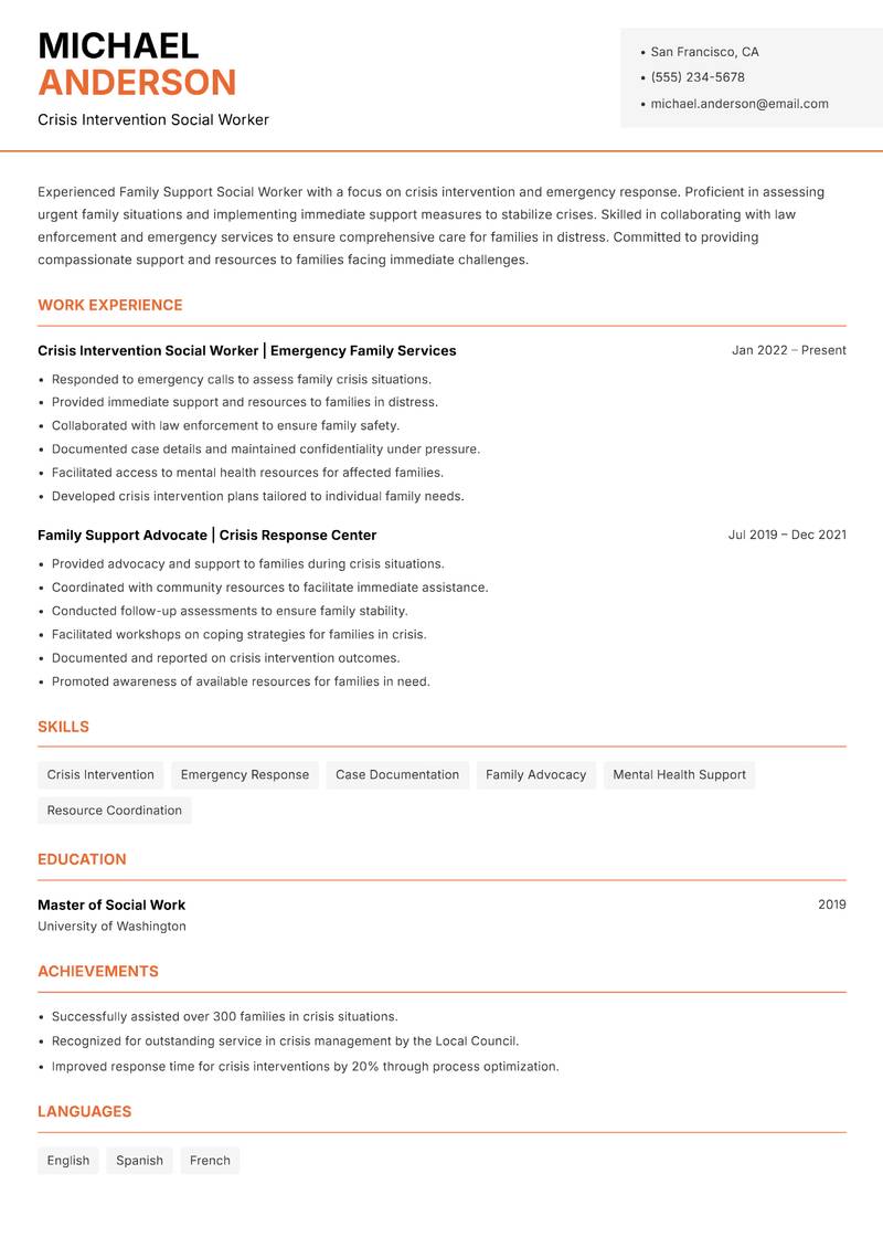 Family Support Social Worker Resume Template