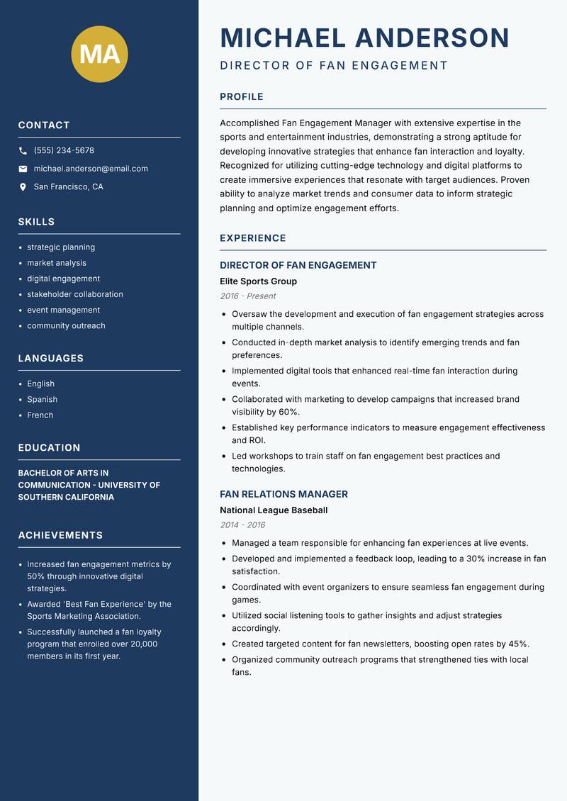 Fan Engagement Manager Resume Preview Example
