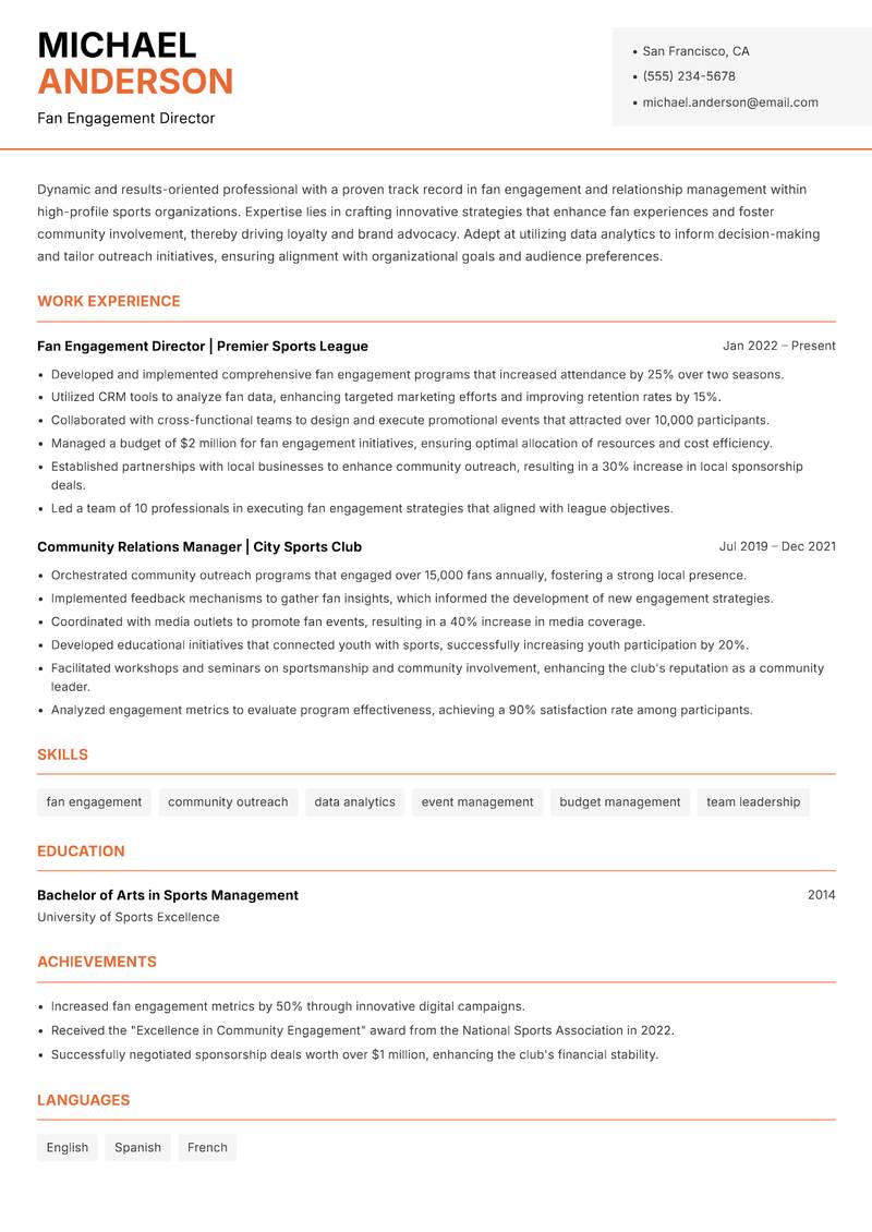 Fan Engagement Manager Resume Template