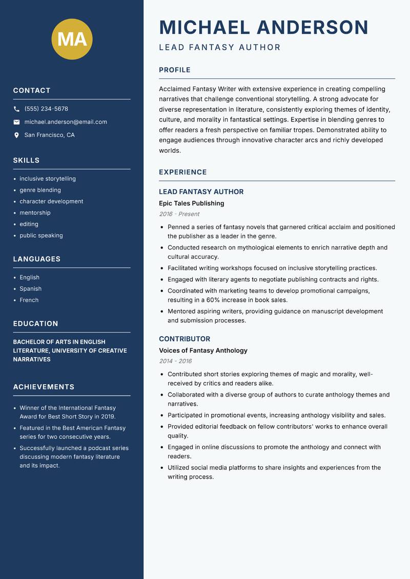 Fantasy Writer Resume Preview Example