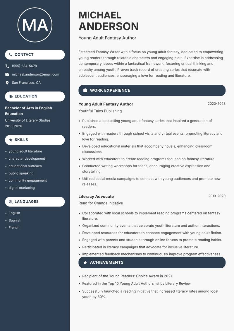 Fantasy Writer Resume Preview Example