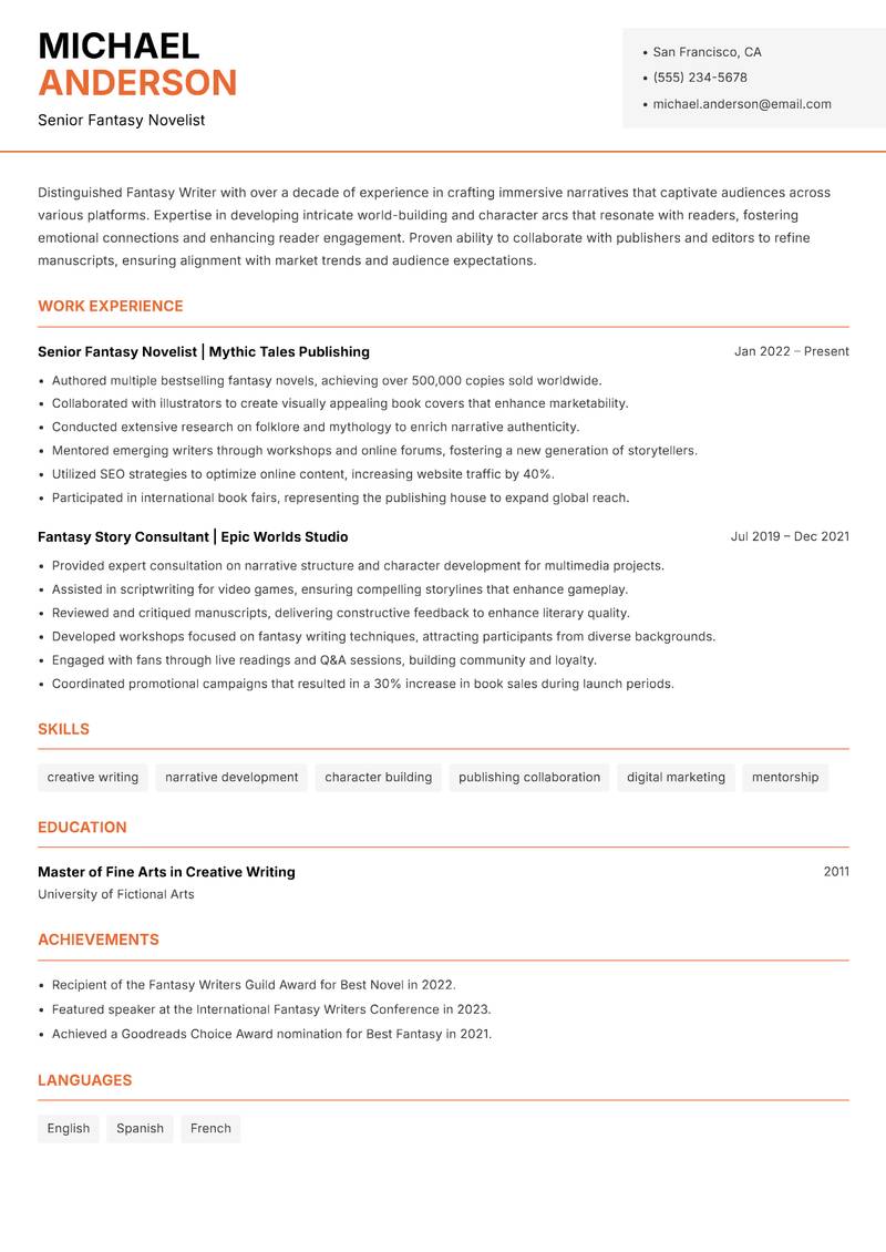 Fantasy Writer Resume Template
