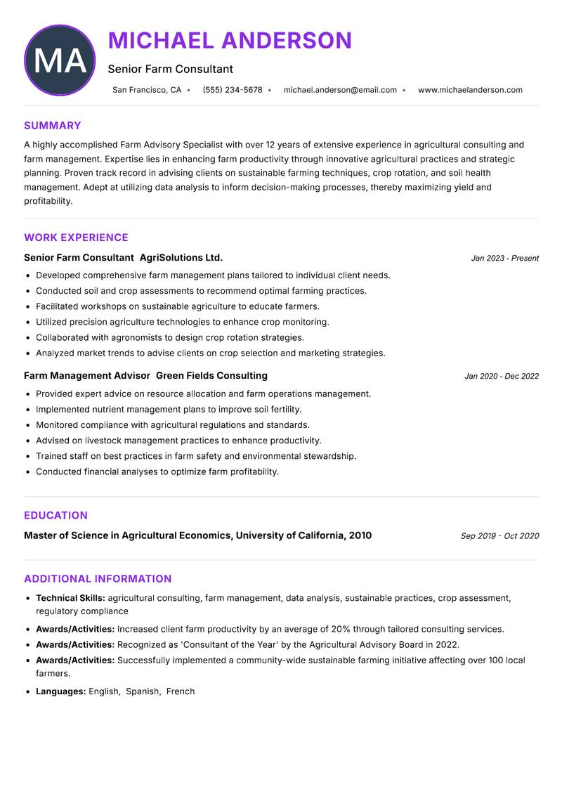 Farm Advisory Specialist Resume Preview Example