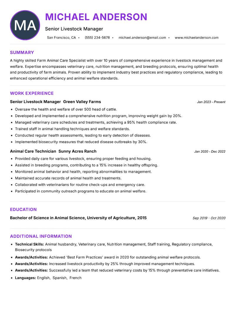Farm Animal Care Specialist Resume Preview Example