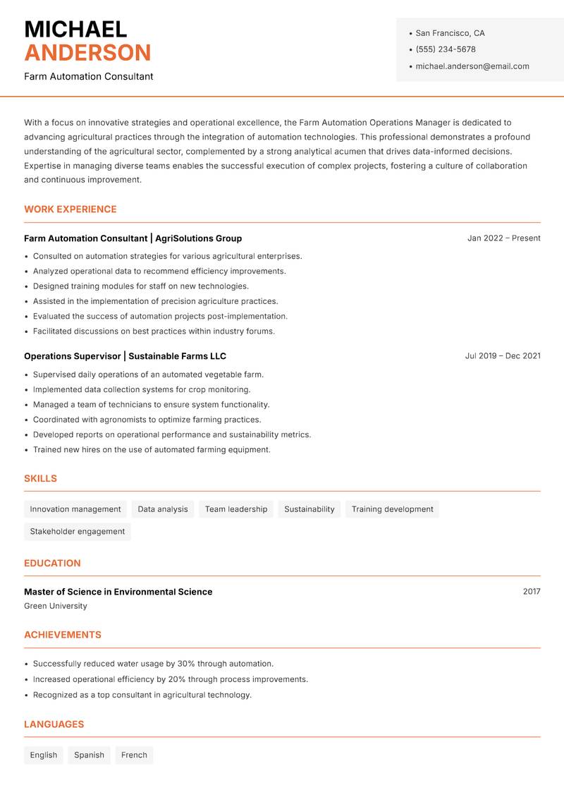 Farm Automation Operations Manager Resume Template