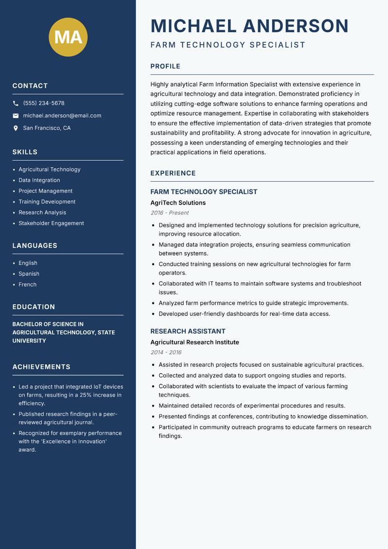 Farm Information Specialist Resume Preview Example