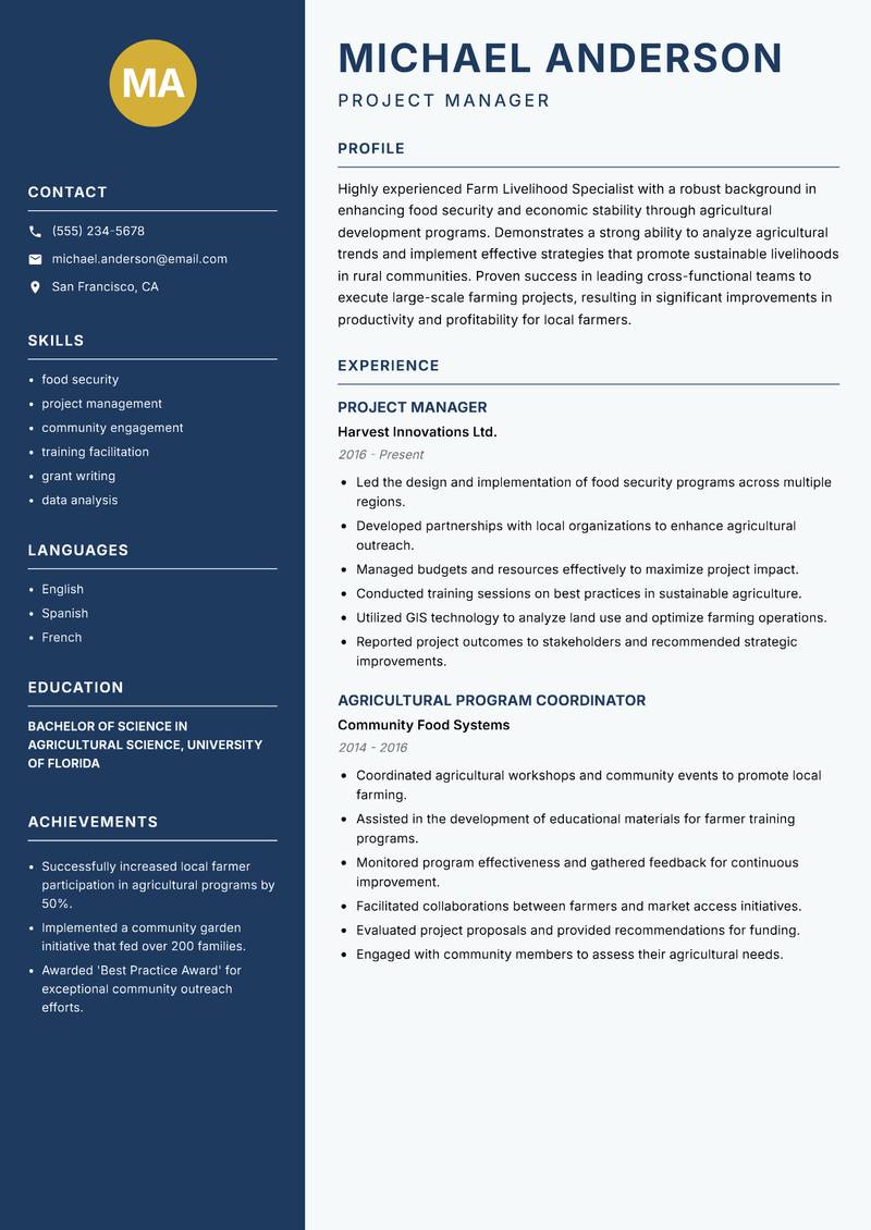 Farm Livelihood Specialist Resume Preview Example