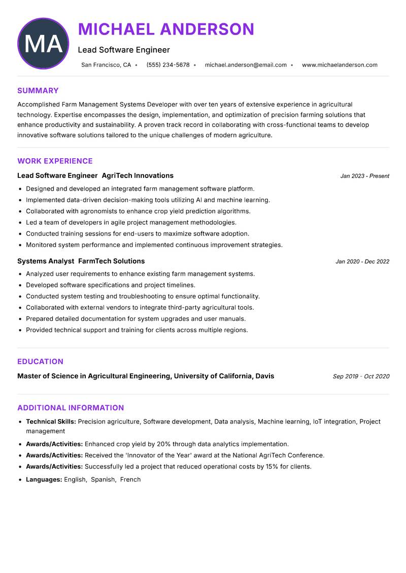 Farm Management Systems Developer Resume Preview Example