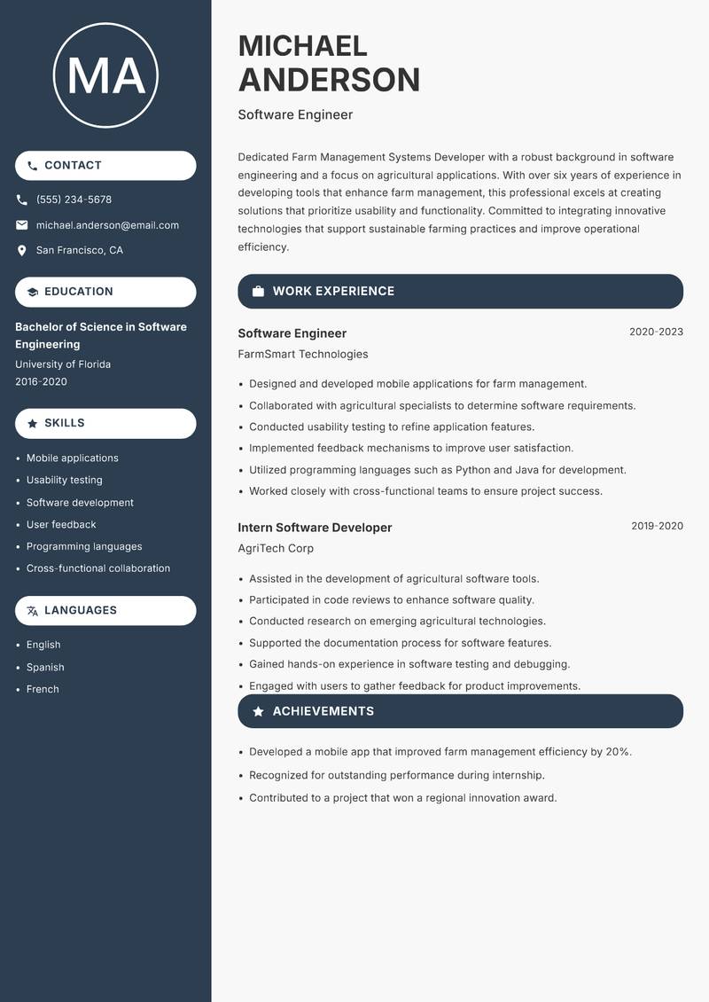 Farm Management Systems Developer Resume Preview Example