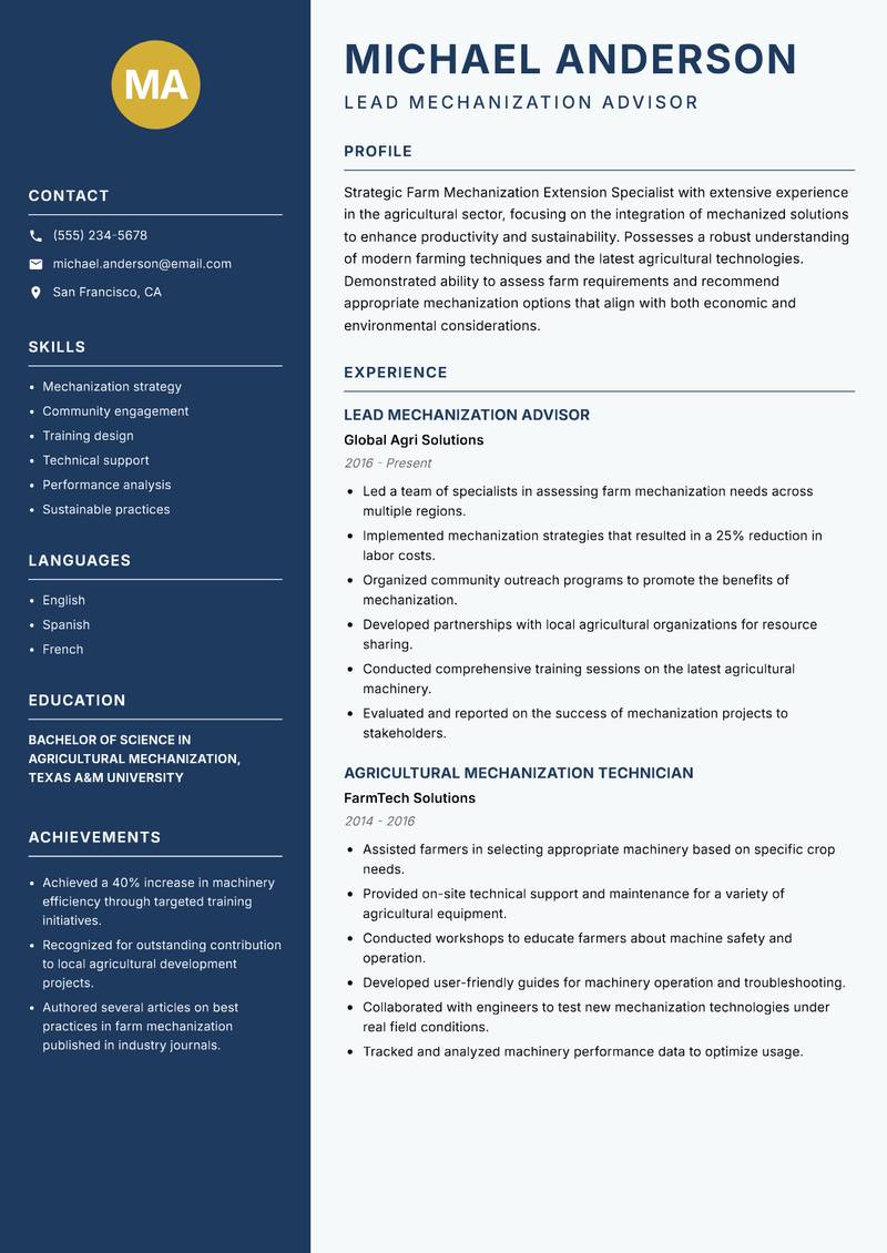 Farm Mechanization Extension Specialist Resume Preview Example