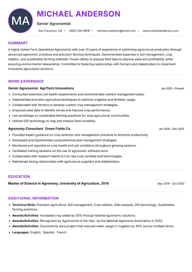 Farm Operations Agronomist Resume Preview Example