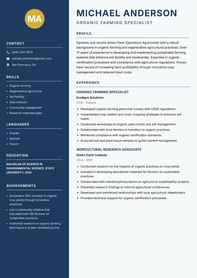 Farm Operations Agronomist Resume Preview Example