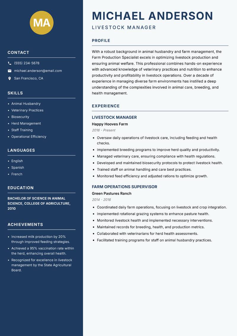 Farm Production Specialist Resume Preview Example
